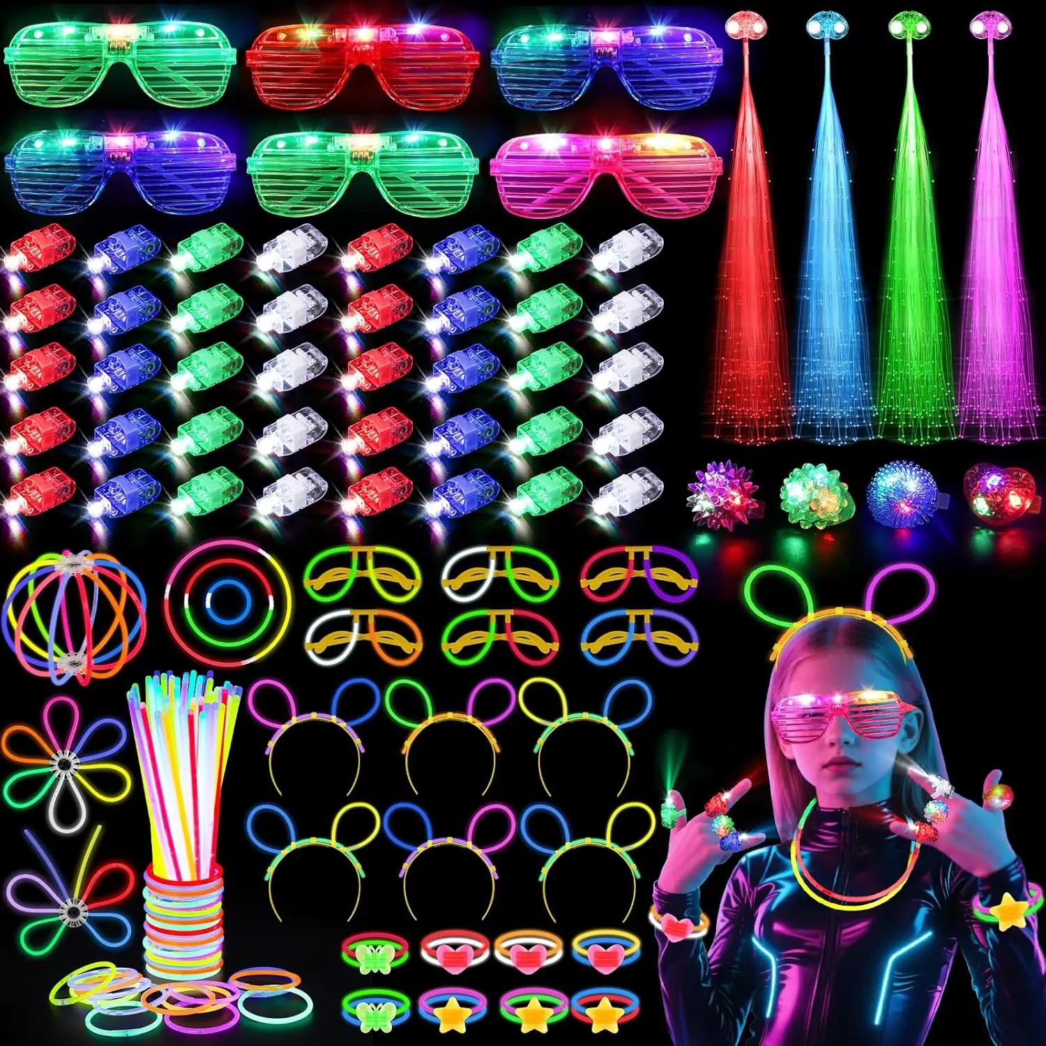 Glow In The Dark Party Glasses - 128-teiliges Set Leuchtende Brillen, LED-Haarspangen, Fingerlichter,