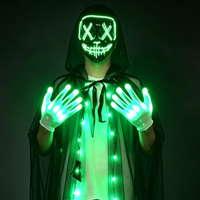 Led Purge Mask Halloween - LED-Schädelmaske, leuchtende Handschuhe Set, Neon-Skelett-Gesichtsmaske, leuchtende
