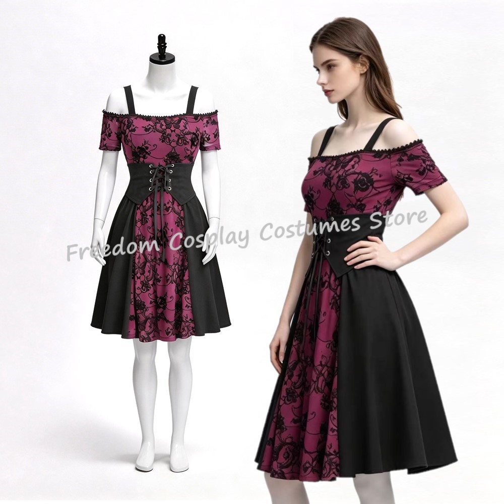 Medieval Renaissance Dress Women - 2026 Damen Mittelalterliches Gothic Punk Rot-Schwarzes