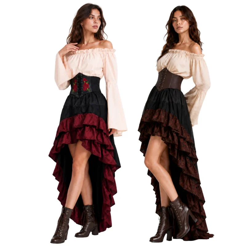 Medieval Renaissance Dress Women - Halloween Mittelalterliches Retro-Piratenkleid Kapitän Rüschen-Taille Langes